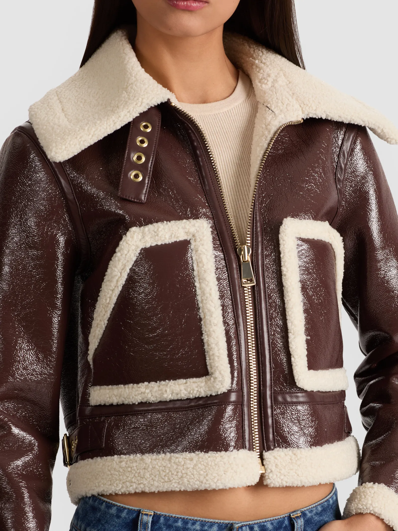 Alice and Olivia CROPPED JACKETS*ISAIAH FAUX SHEARLING JACKET